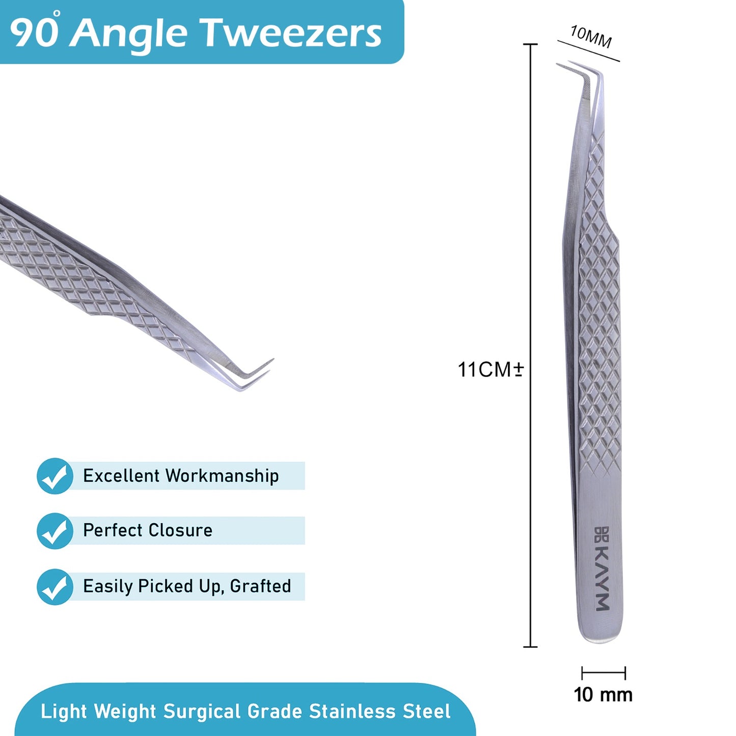 Premium Eyelash Beauty Tool Grip 90 Angle Tweezer - Silver Colour - Stainless Steel